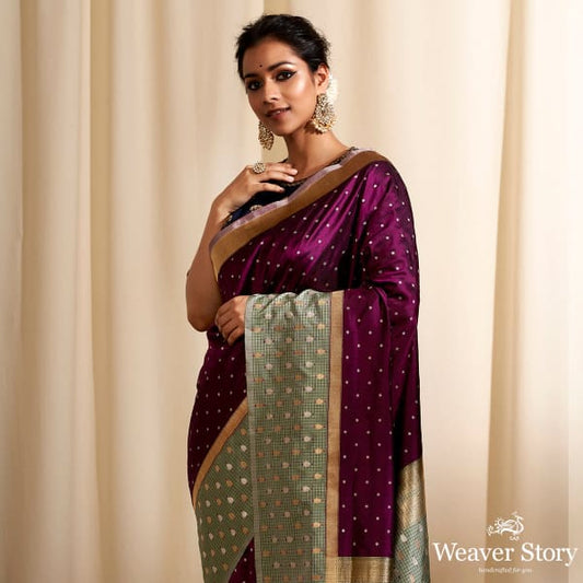 Handwoven Wine Oval Dots Saree with Check Border