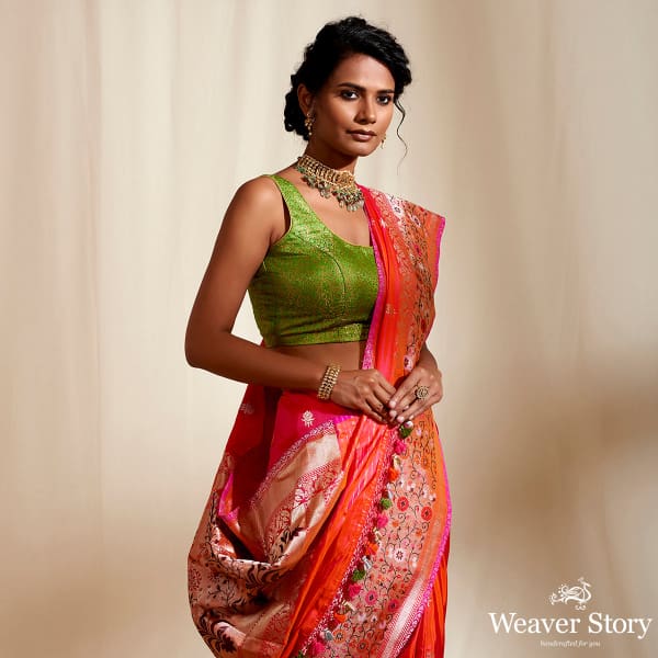 Pink Orange Chautera Border With Gold Silver Trishul Booti