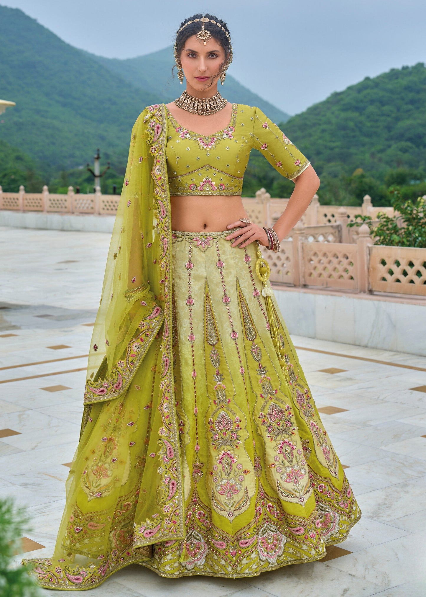 Pear Green Viscose Tissue Lehenga Choli with Embroidery Work