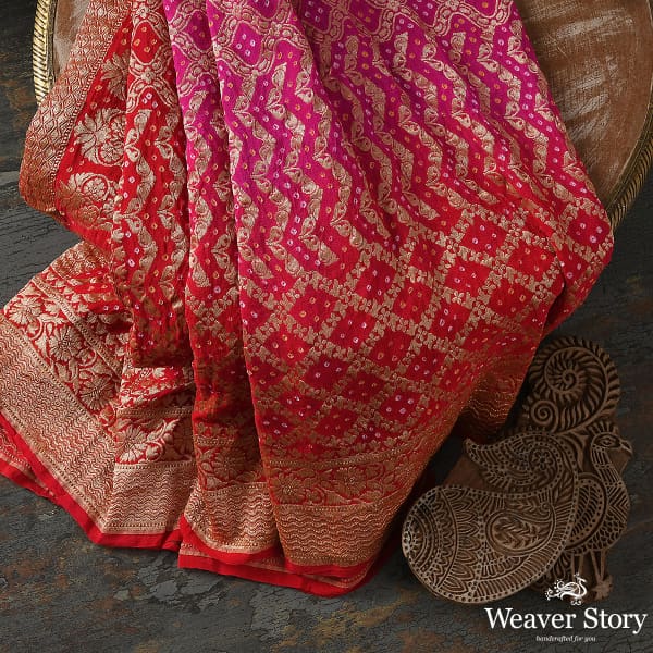 Handwoven Red and Pink Banarasi Bandhej Dupatta