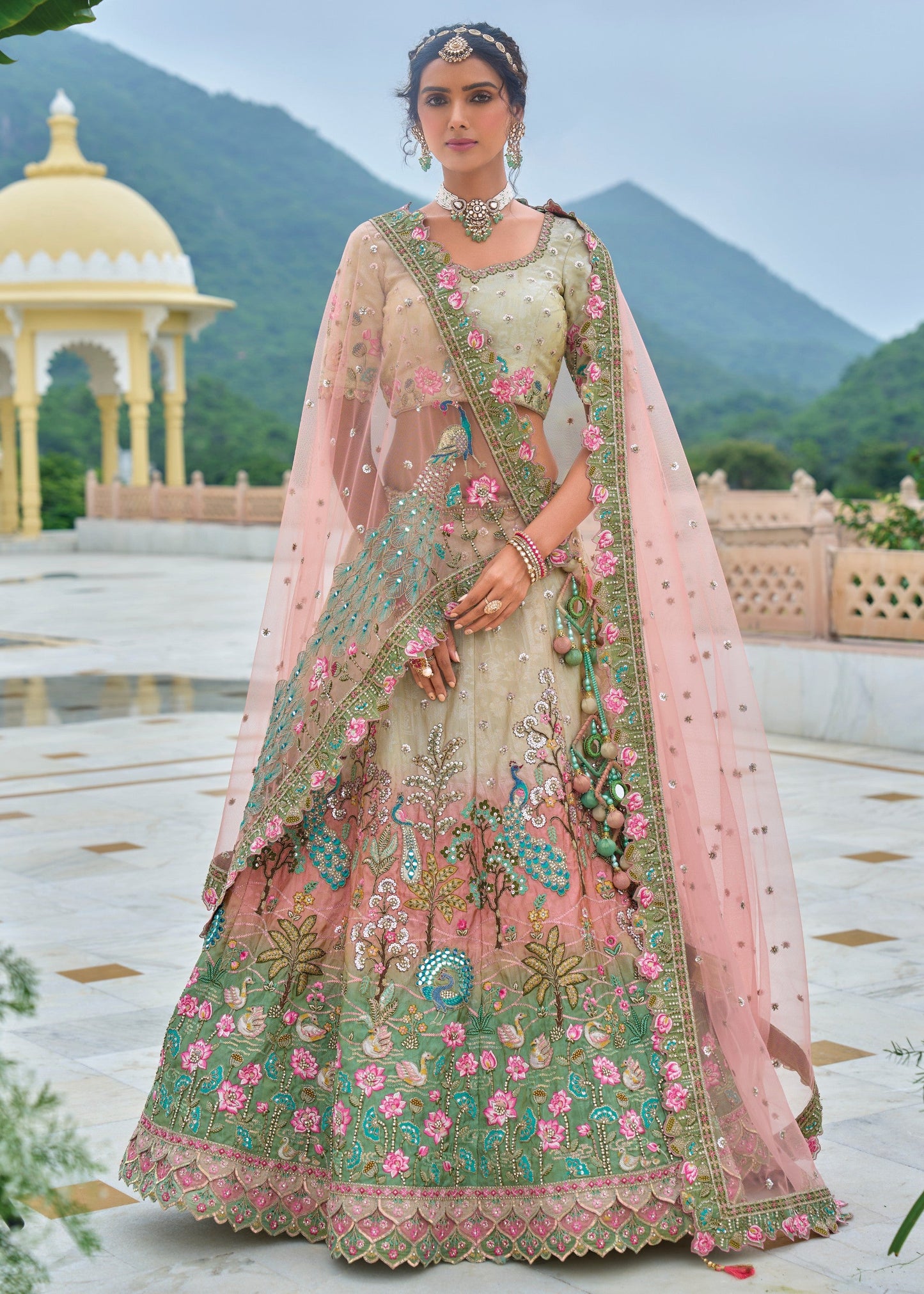 Pista Green and peach Viscose Tissue Lehenga Choli with Embroidery Work