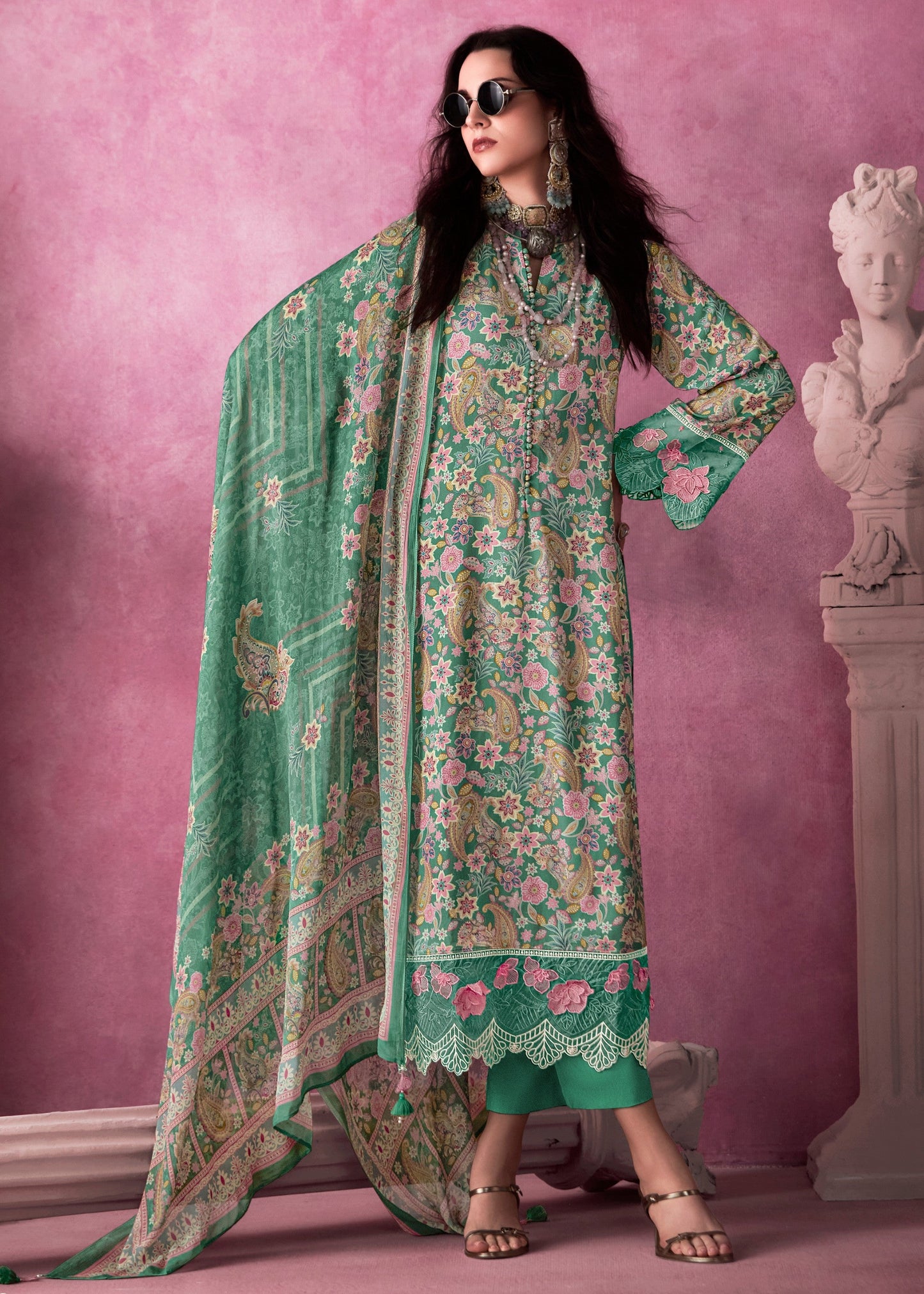 Green Multicolour Pure Muslin Salwar Suit