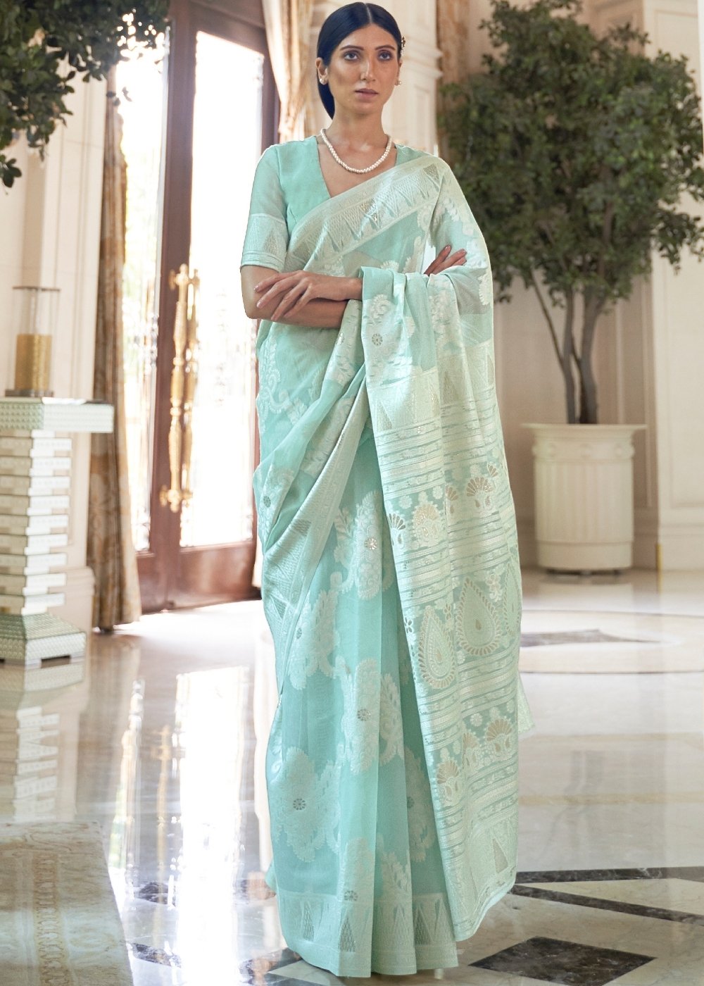 Tiffany Blue Lucknowi Chikankari Weaving Silk Saree