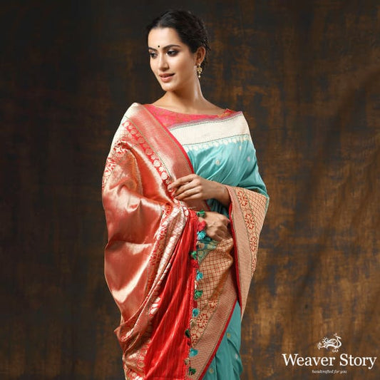 Handwoven Light Blue Kadhwa Boota with Orange Border