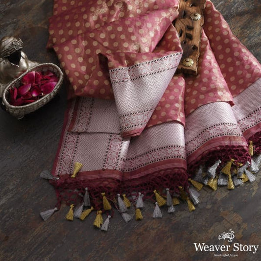 Handwoven Pink and Gold Silk Tissue Dupatta with Silver Zari