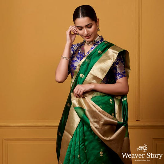 Handwoven Emerald Green Floral Boota With Chevron Gold Border