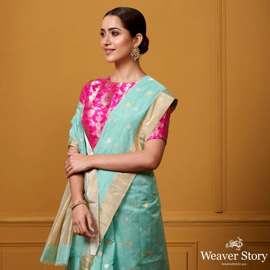 Handwoven Aqua Mogra Ek Naliya Boota Sareee