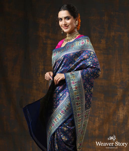 Handwoven Blue Meenakari Banarasi Patola Saree