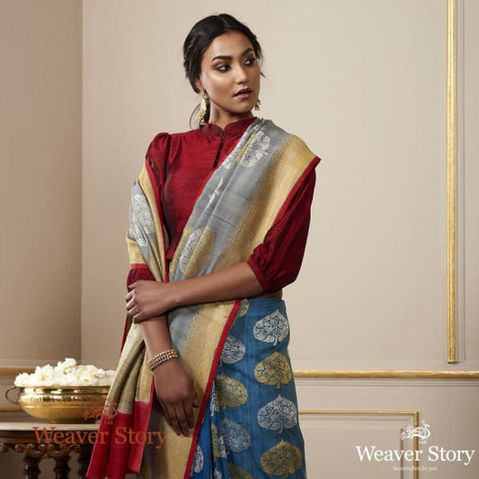 Handwoven Grey Tussar Banarasi Georgette Saree