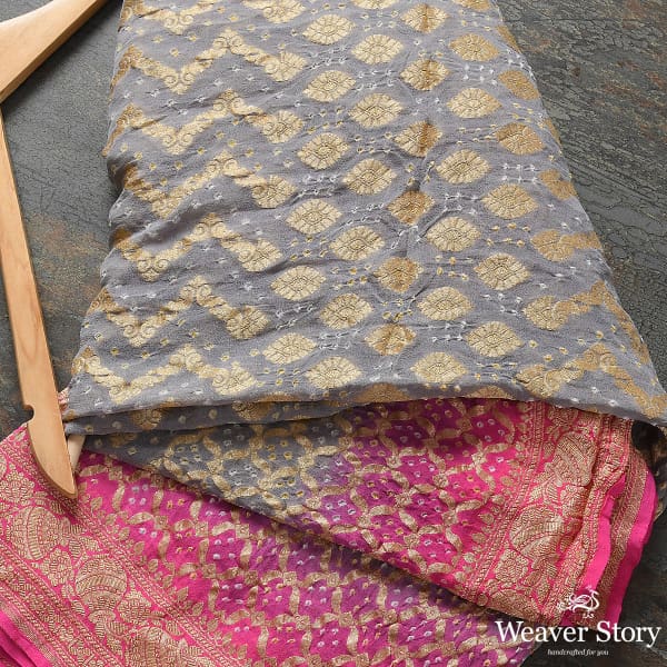 Handwoven Pink Grey Banarasi Bandhej Dupatta