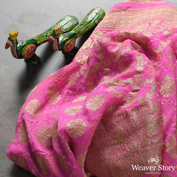 Handwoven Pink Banarasi Bandhej Dupatta