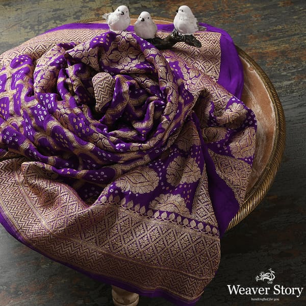 Handwoven Purple Banarasi Bandhej Dupatta