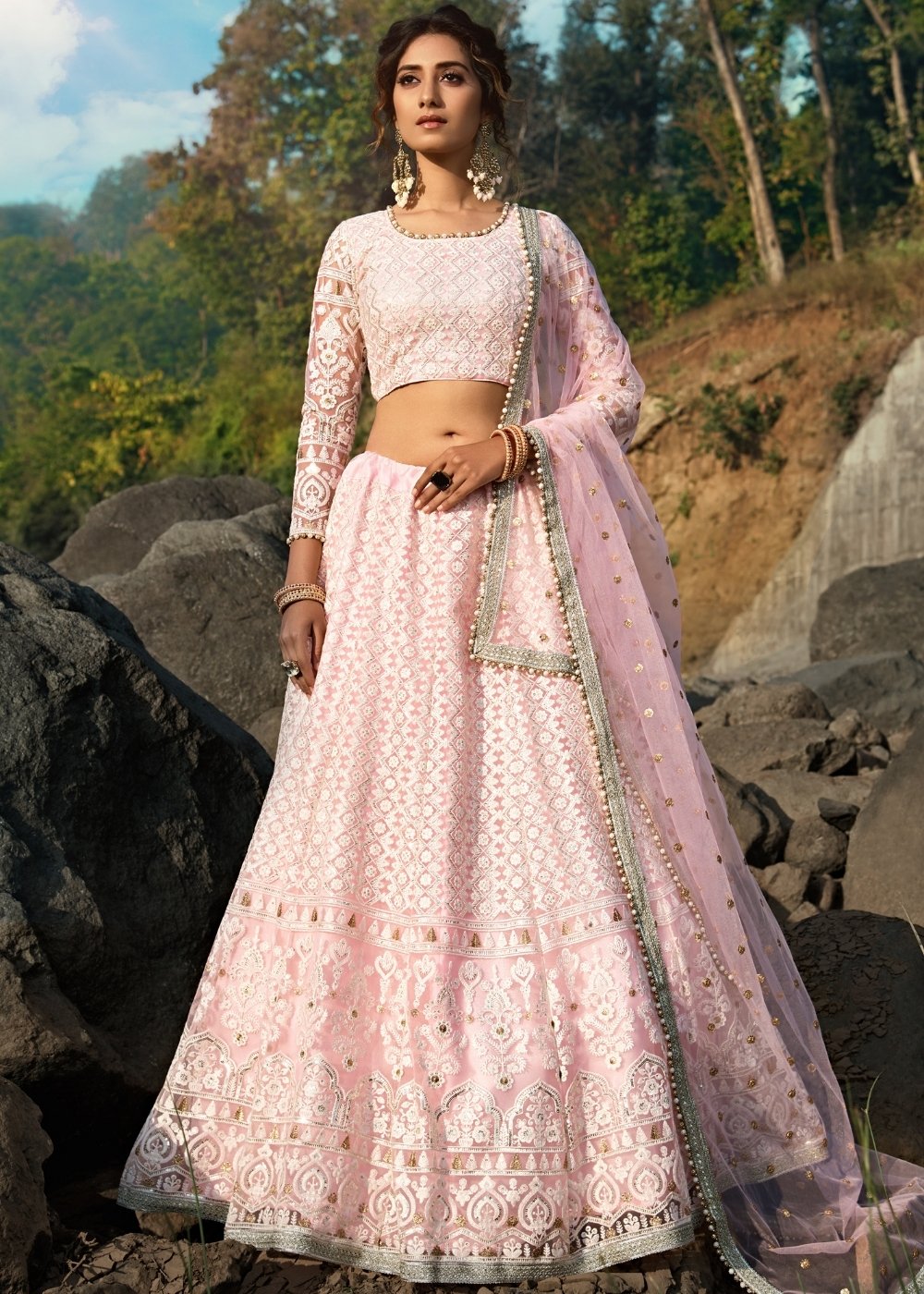 Pale Pink Designer Soft Net Lehenga Choli with Sequins, Thread & Zari work