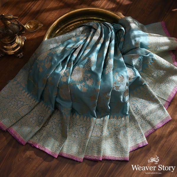 Handwoven Light Blue Kadhwa Jangla Dupatta with Sona Rupa Zari