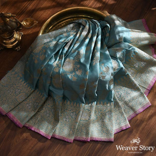 Handwoven Light Blue Kadhwa Jangla Dupatta with Sona Rupa Zari
