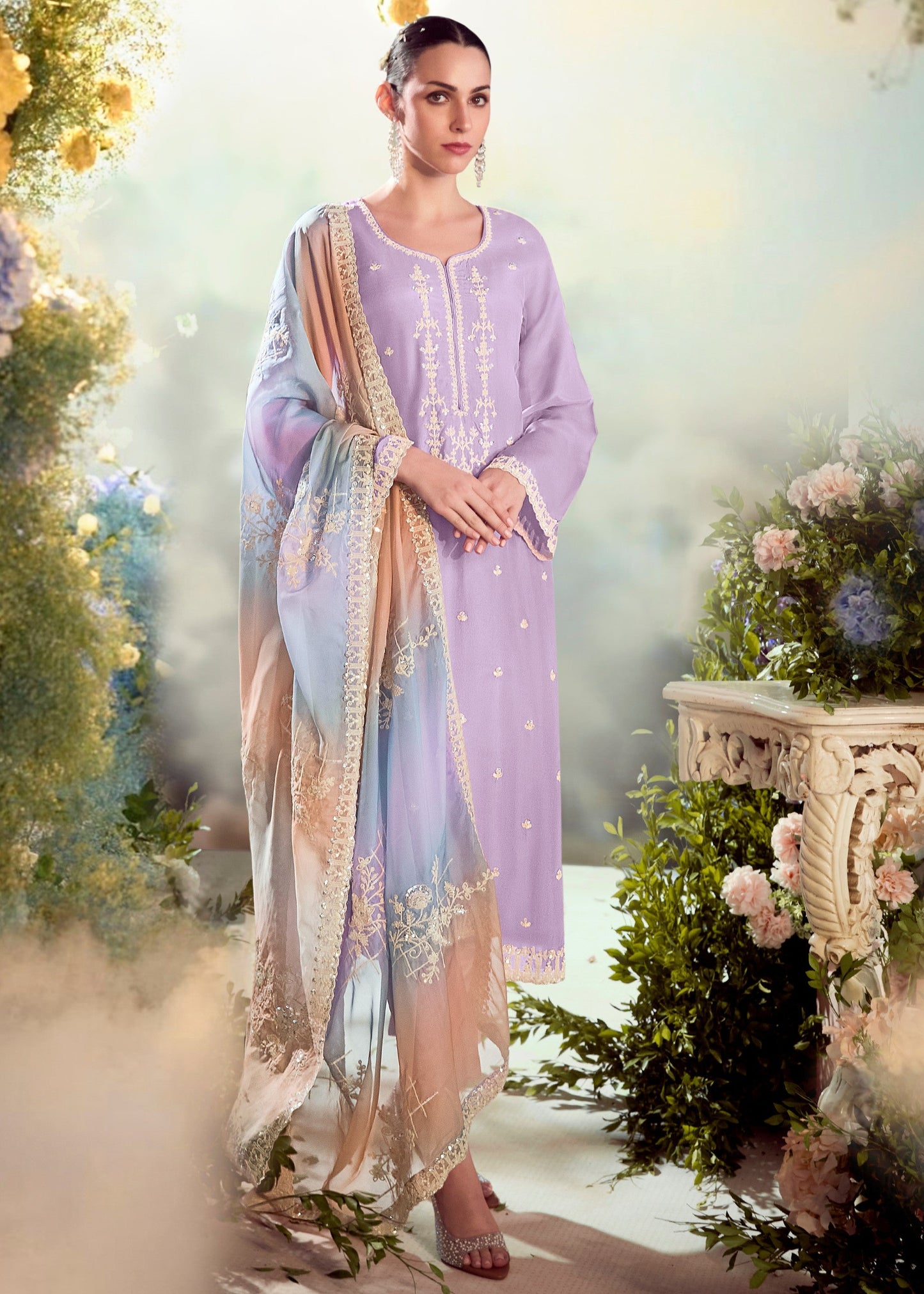 Pastel Lavender Modale Silk Salwar Suit with Embroidery