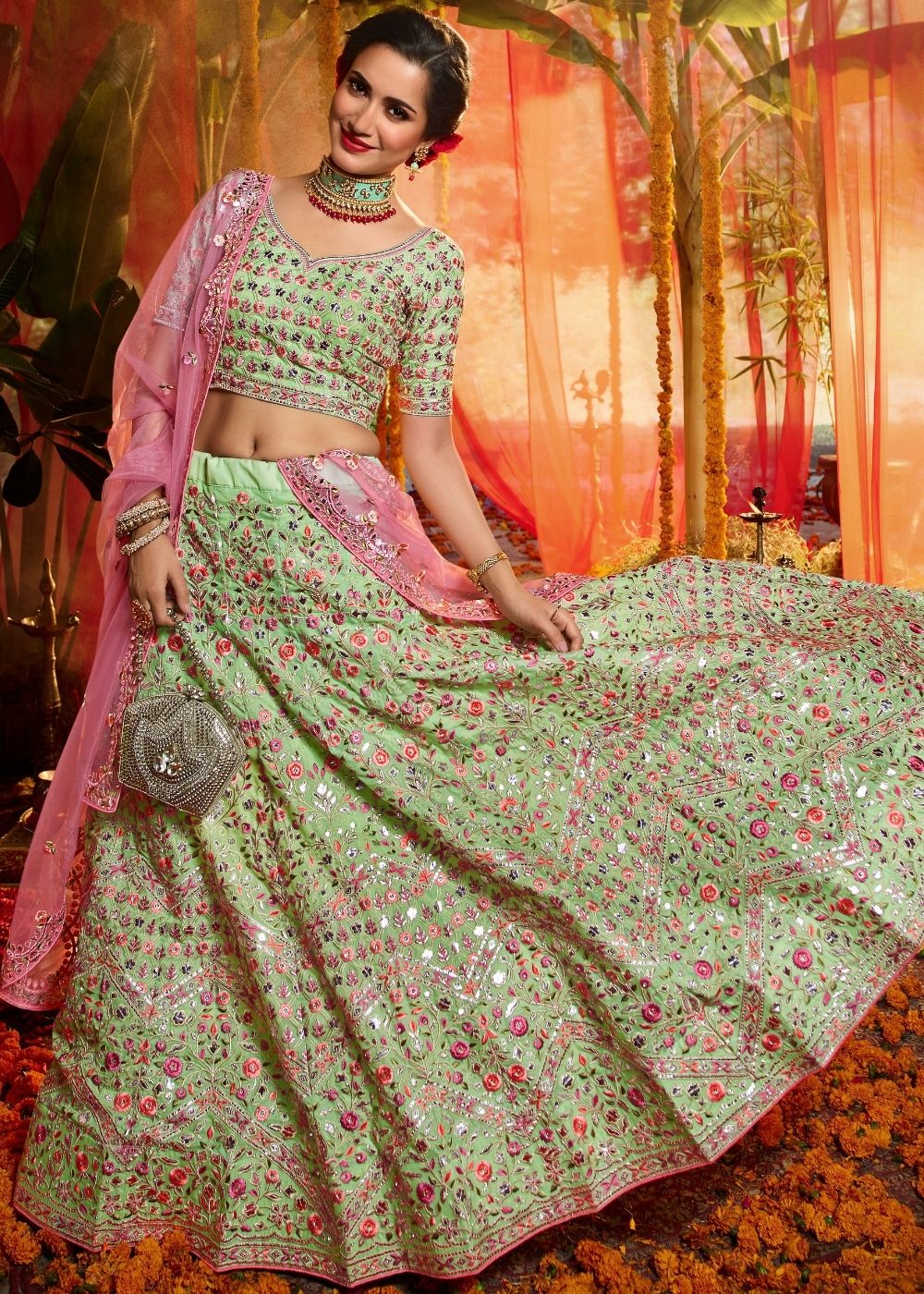 Mint Green Organza Designer Lehenga Choli with Foil, Mirror, Thread and Zari work (Pre-Order)