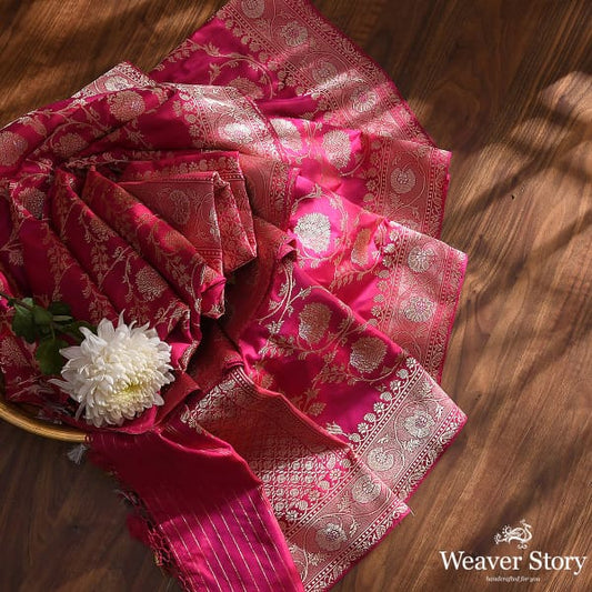 Handwoven Pink Kadhwa Jangla Dupatta with Floral Border