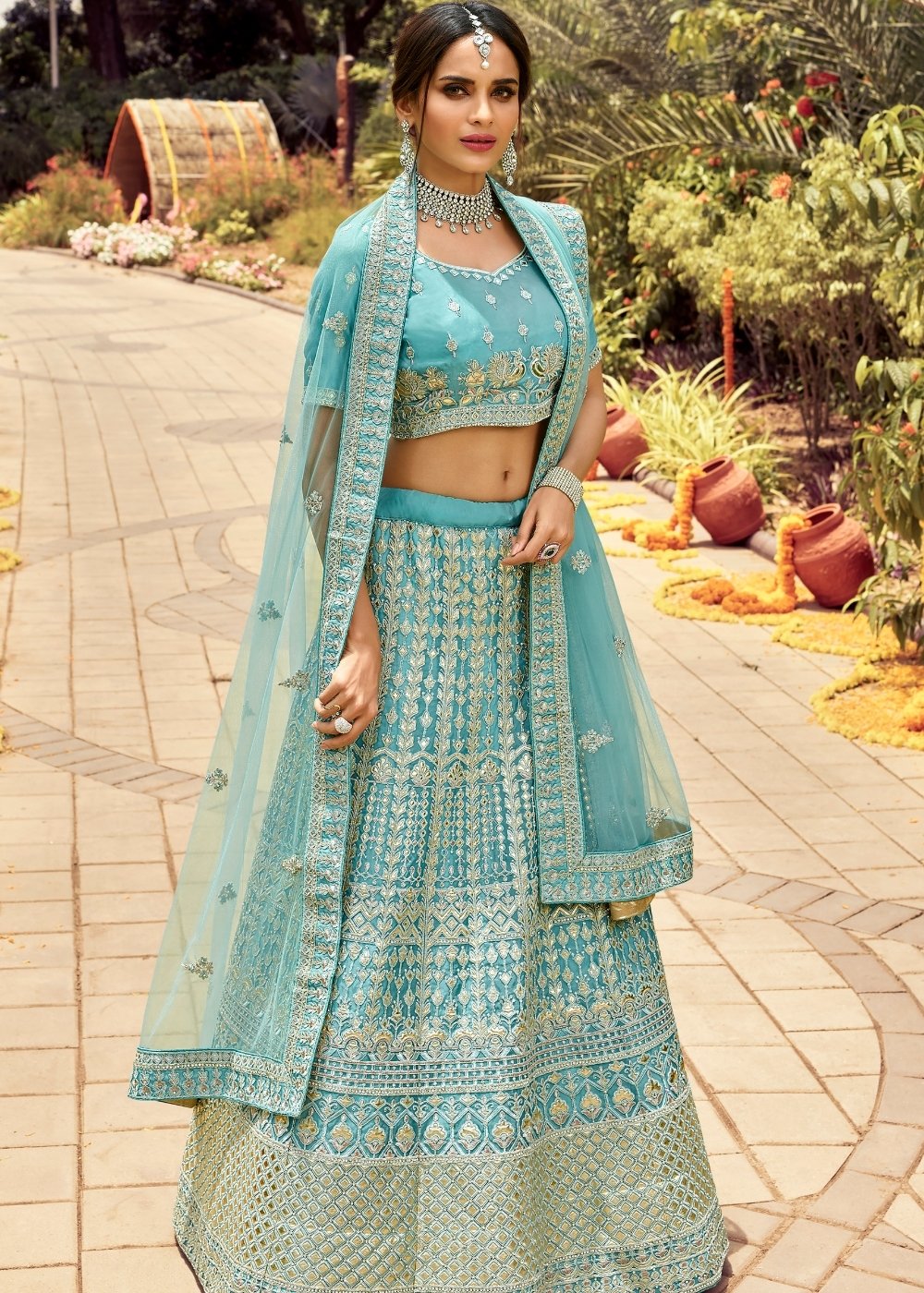 Light Turquoise Blue Organza Lehenga Choli with Zarkan,Gota,Zari & Resham work