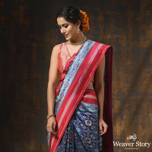 Handwoven Blue 5 Color Patola with Red Border