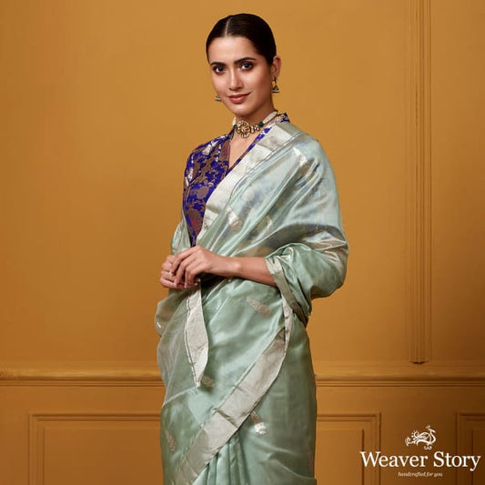 Handwoven Light Green Silver Zari Motif Silk Saree