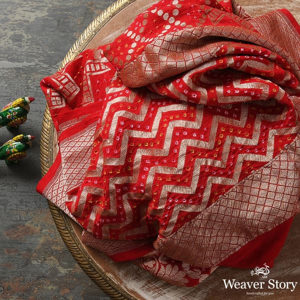 Handwoven Red Banarasi Bandhej Dupatta