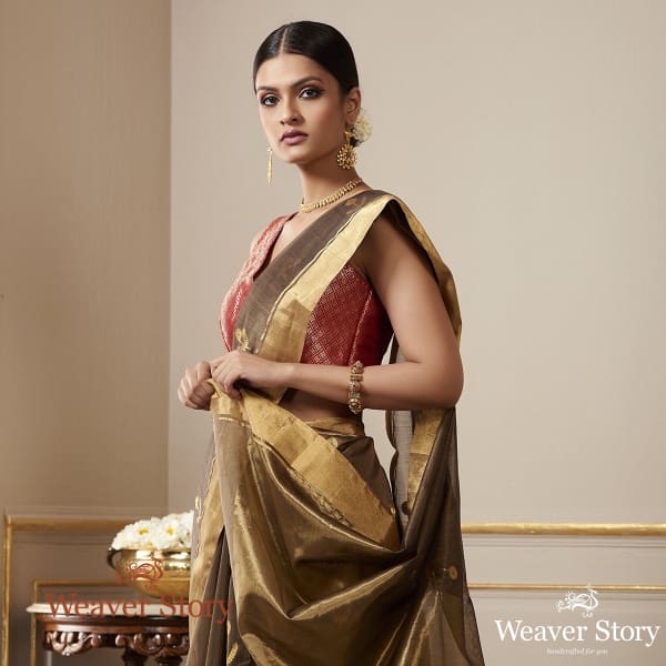 Handwoven Brown Saree with Small Floral Motif
