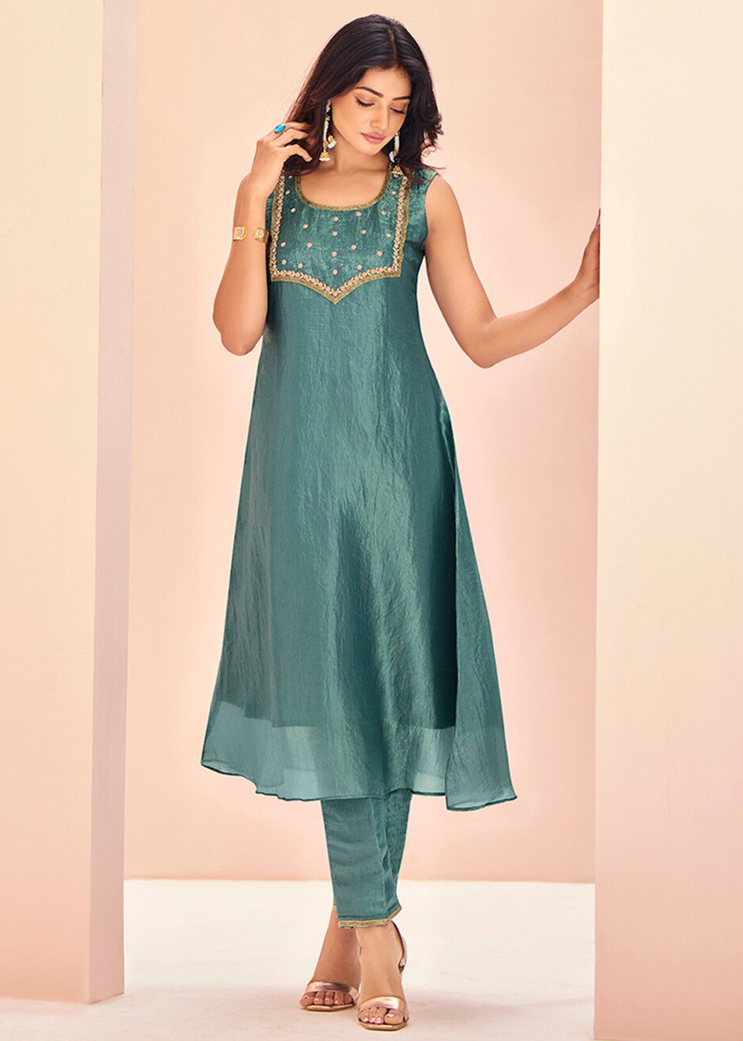 Aqua Organza Handwork Kurta with Pant