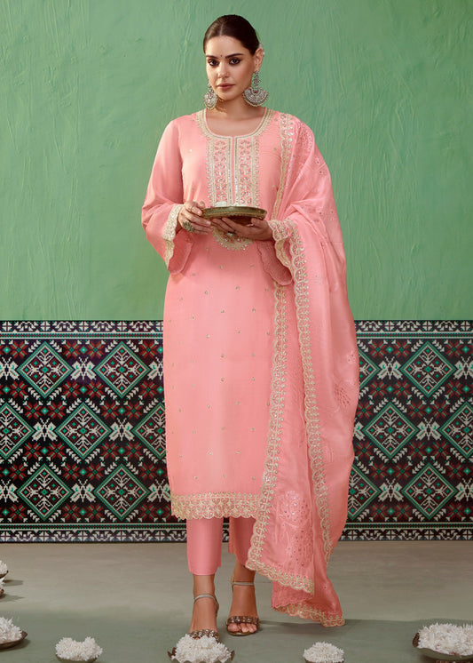 Pink Pure Bamber Silk with Embroidery Salwar Suit