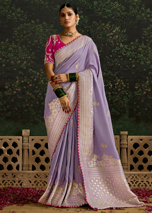 Lavender and Meganta Viscose silk Saree with Zari work