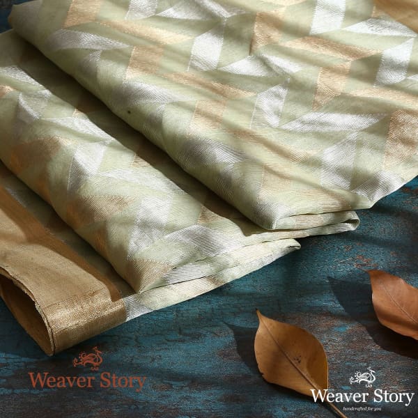 Handwoven Light Green Cotton Silk Chanderi Dupatta with Gold and Silver Zari