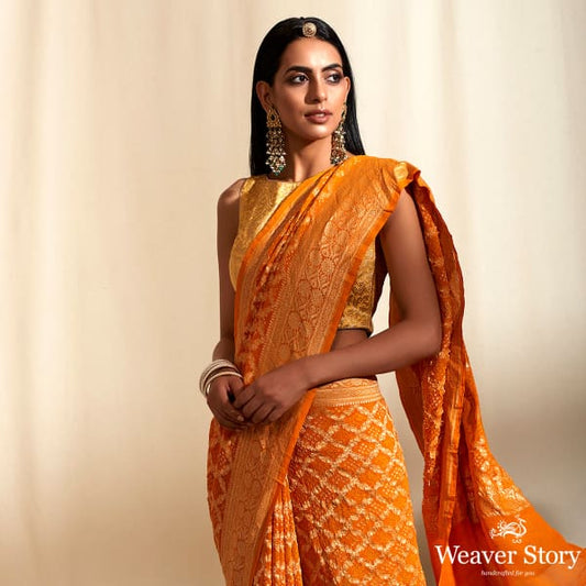 Handwoven Banarasi Bandhej Saree in Orange