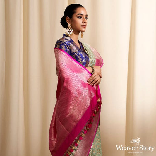 Handwoven Light Green Phulkari Pattern Saree with Pink Border