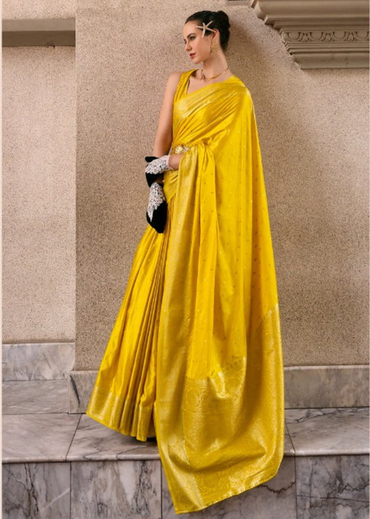 Canary Yellow Satin Mungha Silk Saree