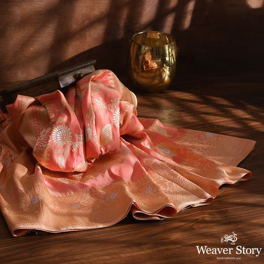 Handwoven Peach Kadhwa Jangla Dupatta with Elaborate Pallu