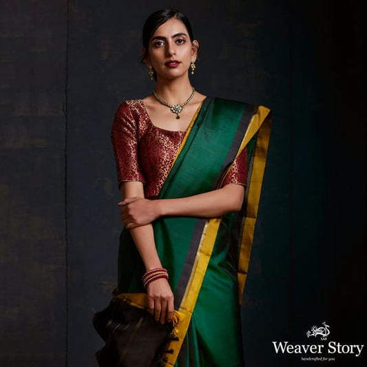 Bottle Green Kanjivaram Silk Saree With Black and Mustard Small Border