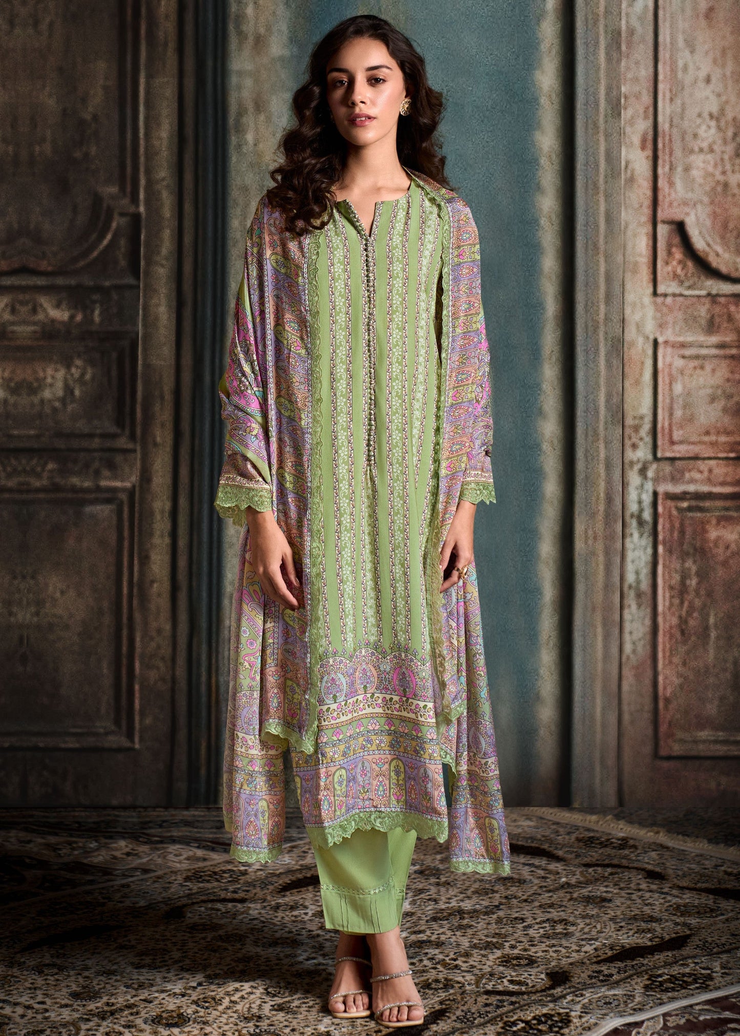 Pastel Green Pure Muslin Salwar Suits with Resham Embroidery