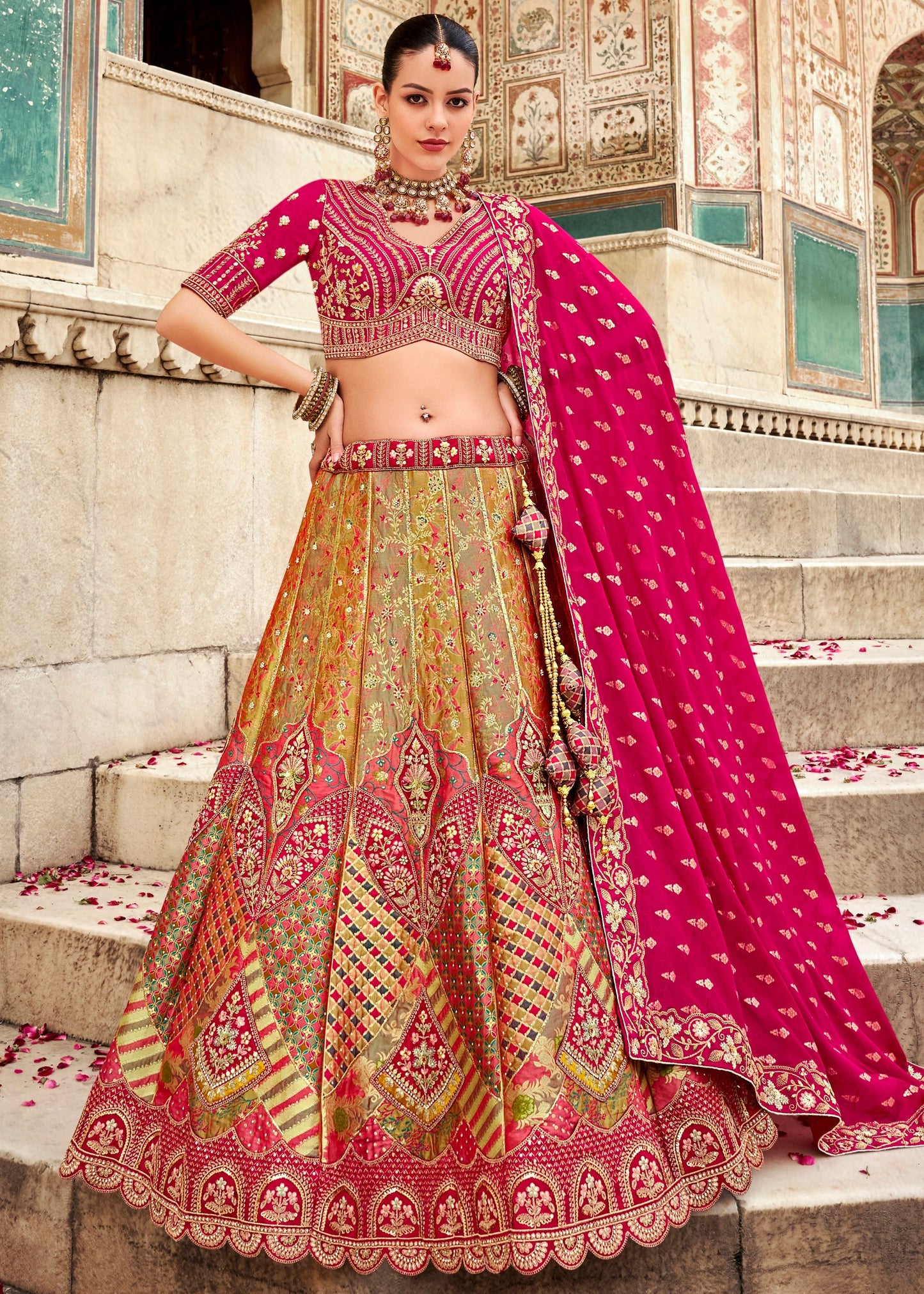 Pink & Chartreuse Green Banarasi Silk Lehenga Choli with Zarkan, Sequence and Thread Work