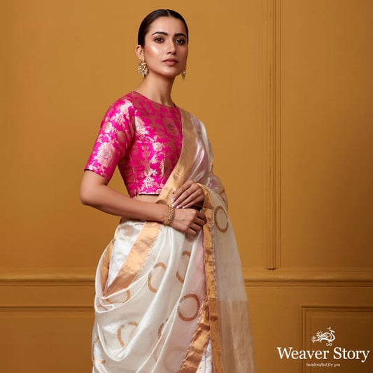 Handwoven White Kangan Boota Silk Saree