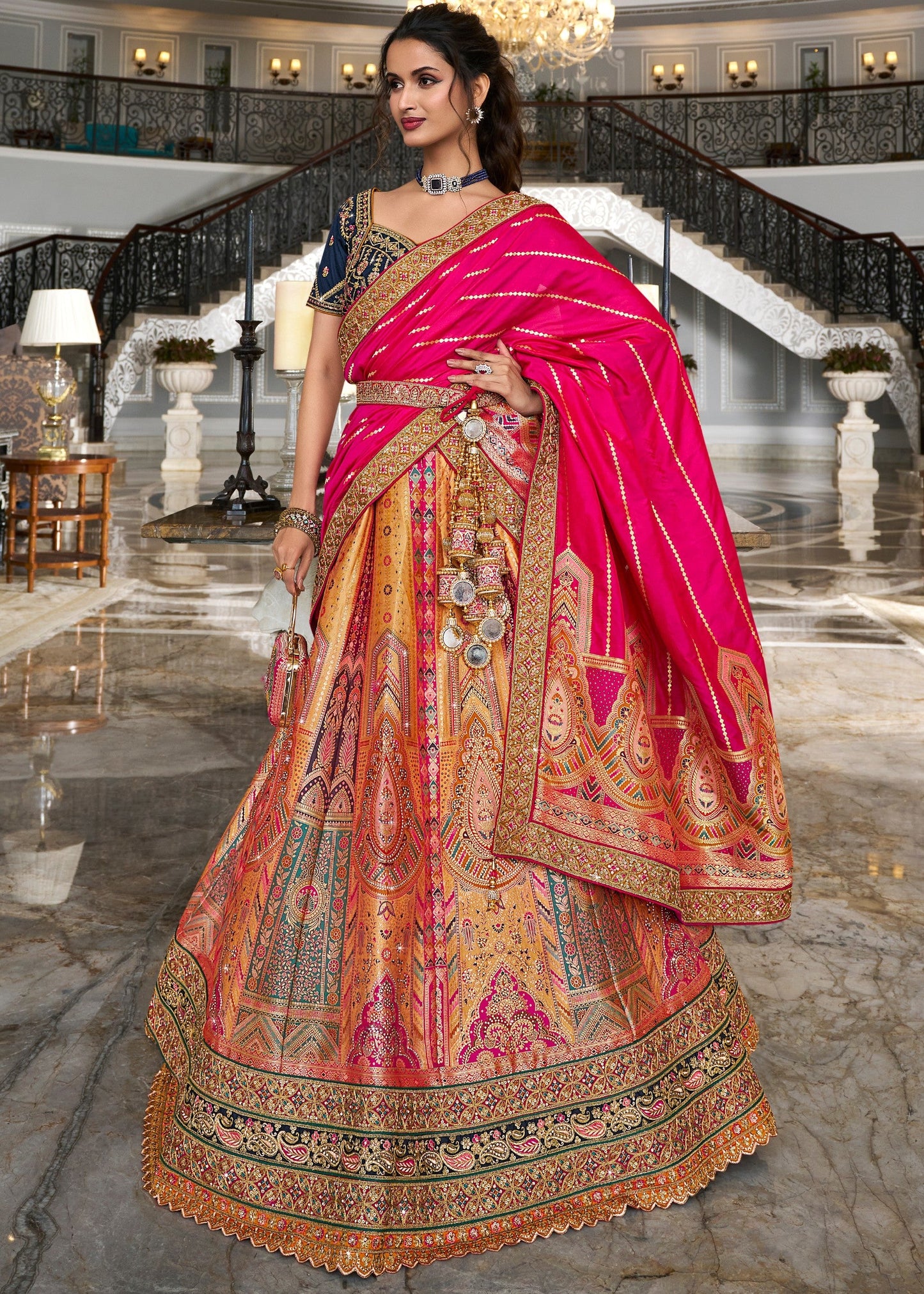 Dark Blue & Bright Pink Banarasi Silk Lehenga with Zarkan Codding work