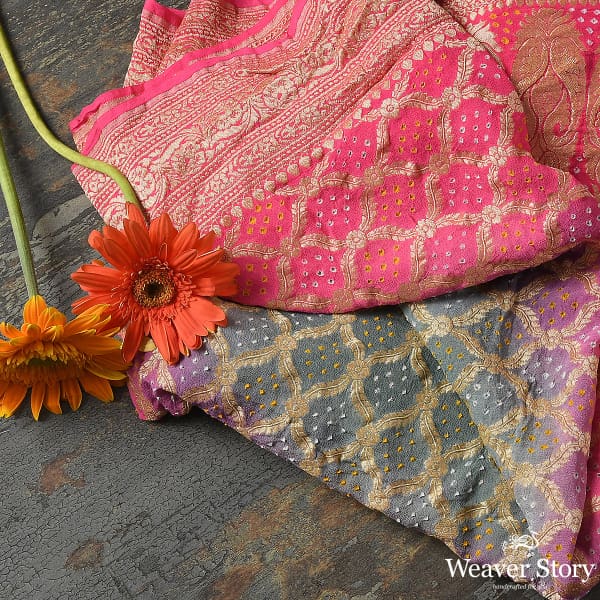 Handwoven Pink Grey Banarasi Bandhej Dupatta