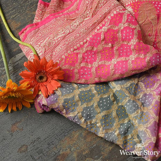Handwoven Pink Grey Banarasi Bandhej Dupatta