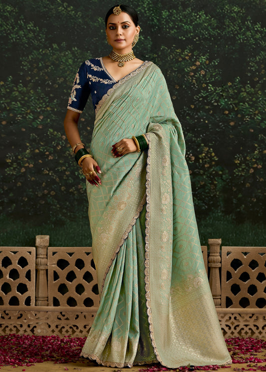 Pastel green and Navy blue Viscose silk Saree with Zari work