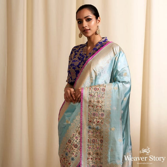 Handwoven Light Blue Trishul Boota Saree with Pachhera Border in Pink
