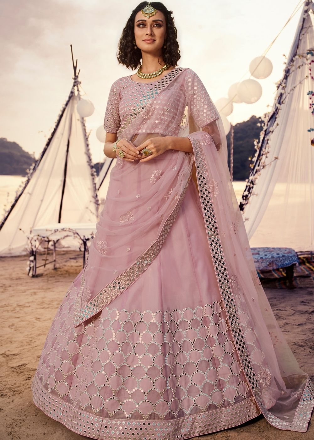 Taffy Pink Organza Lehenga Choli with Thread, Foli and Mirror work