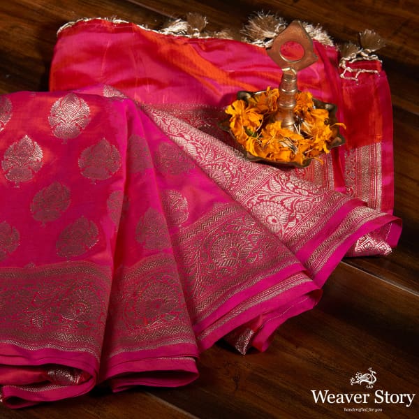 Handwoven Pink Orange Shot Color Dupatta with Floral Border
