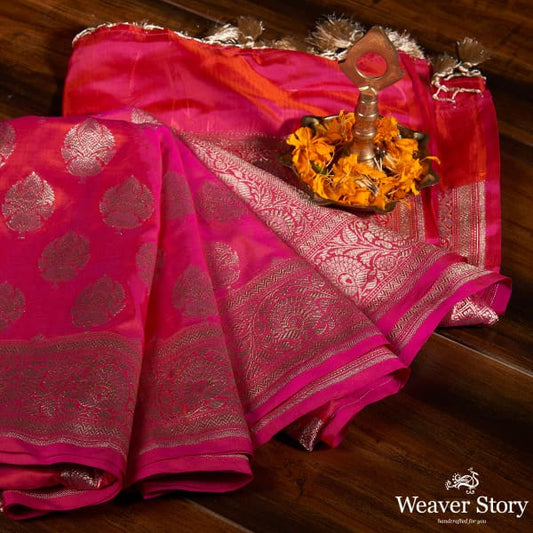 Handwoven Pink Orange Shot Color Dupatta with Floral Border