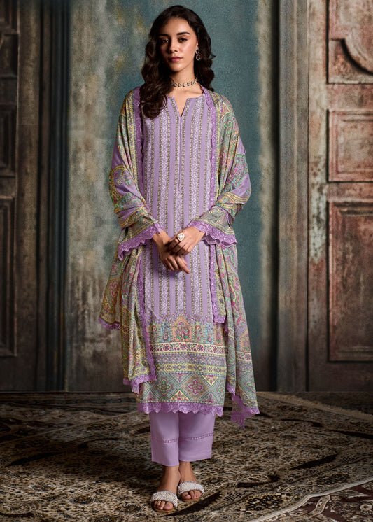 Lavender Pure Muslin Salwar Suit with Resham Embroidery