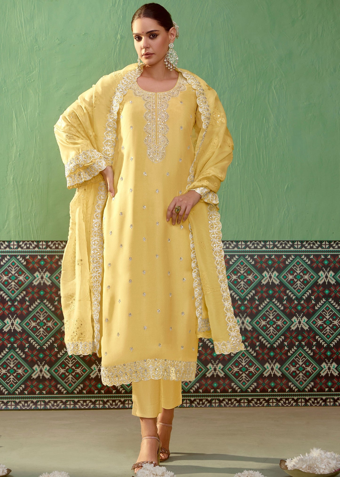 Yellow Pure Bamber Silk with Embroidery Salwar Suit