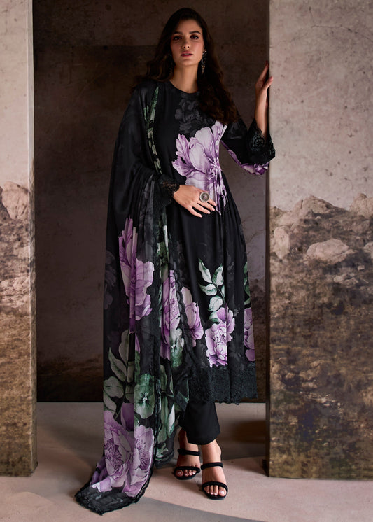 Black Pure Muslin with Digital Print Salwar Suit